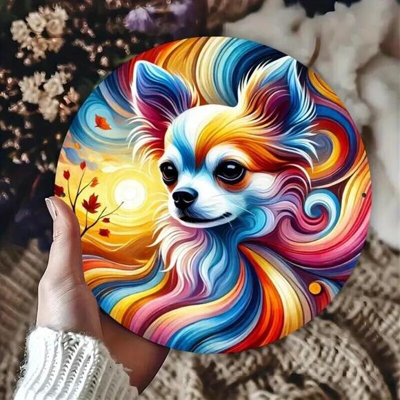 Vibrant Rainbow-Colored Foil Engraved Chihuahua Metal Sign Décor • Round 8x8in - Picture 3 of 10